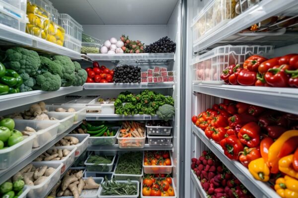 W komorach chłodniczych przechowywane są różnorodne świeże warzywa i owoce.