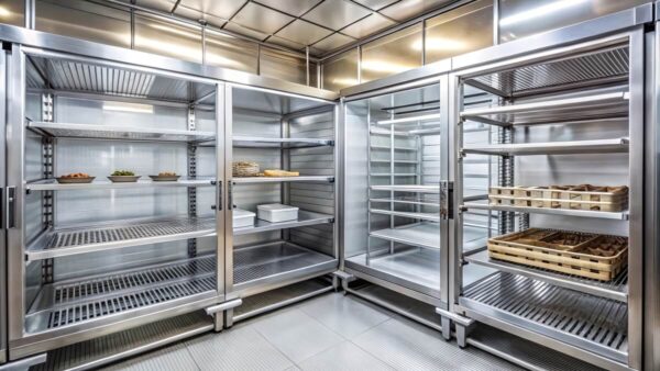 Nowoczesne komory chłodnicze z metalowymi półkami na produkty.