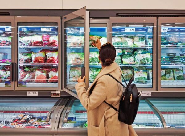 Kobieta wybiera mrożonki w supermarkecie, korzystając z systemów chłodniczych.