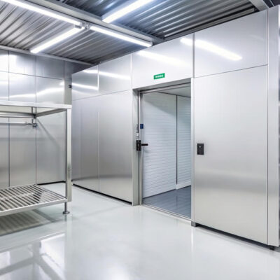 Nowoczesne komory chłodnicze z metalowymi półkami i drzwiami.