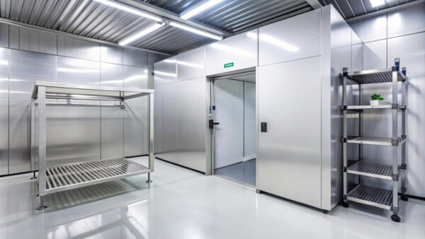 Nowoczesne komory chłodnicze z metalowymi półkami i drzwiami.