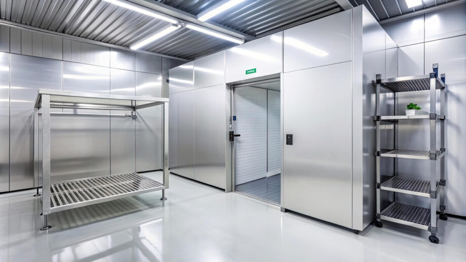 Nowoczesne komory chłodnicze z metalowymi półkami i drzwiami.