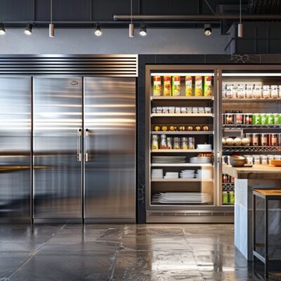Nowoczesna kuchnia z metalowymi powierzchniami i dobrze zaopatrzonymi komorami chłodniczymi.