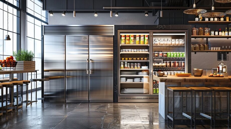Nowoczesna kuchnia z metalowymi powierzchniami i dobrze zaopatrzonymi komorami chłodniczymi.