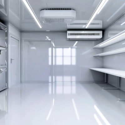 Wnętrze nowoczesnej komory chłodniczej z metalowymi szafkami i półkami.