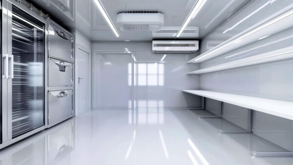 Wnętrze nowoczesnej komory chłodniczej z metalowymi szafkami i półkami.