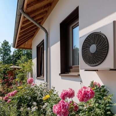 Na ścianie domu wśród kwiatów zamontowano klimatyzator, który może być używany w komorach chłodniczych.