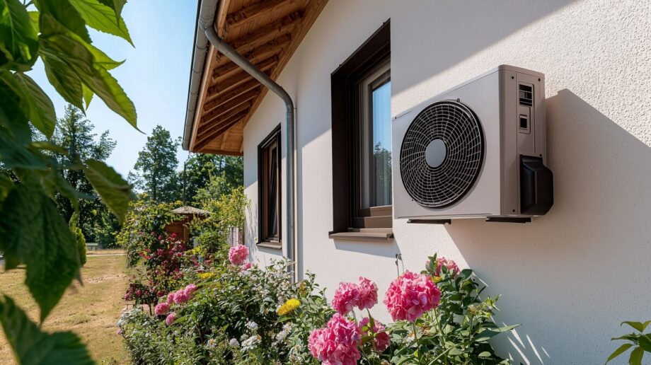 Na ścianie domu wśród kwiatów zamontowano klimatyzator, który może być używany w komorach chłodniczych.