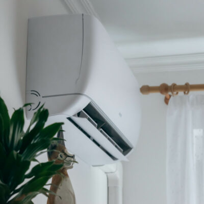 Klimatyzacja do mieszkania wisząca na ścianie obok rośliny.