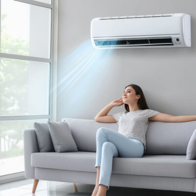 Kobieta relaksuje się na kanapie pod jednostką klimatyzacyjną, pokazując jak przydatna jest klimatyzacja do mieszkania.